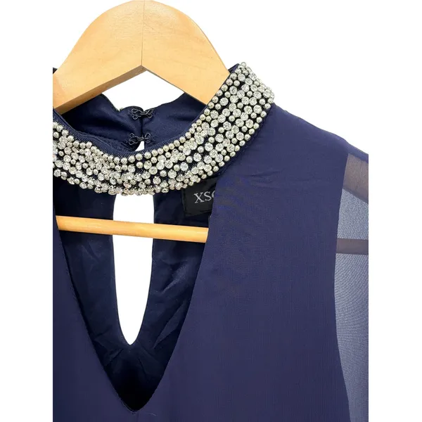 Xscape Chiffon Overlay Bead Choker Neck Shift Dress Sz 4 Navy Blue Cocktail NWT - Image 3
