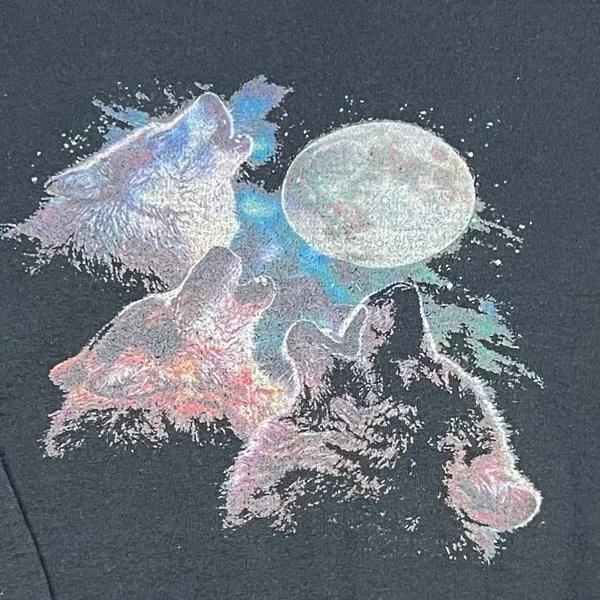 Vintage 90s Y2K Gildan Heavy Blend Howling‎ Wolves Moon Graphic Black Small - Image 2