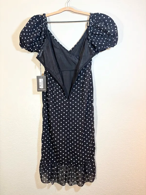 Pretty Little Thing Black Polka Dot Puff Sleeve Off Shoulder Midi Dress Size 6 - Image 6