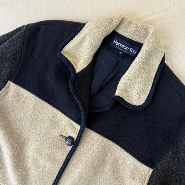 Herman Kay Vintage Women 12 Colorblock Wool‎ Coat Sherpa Collar Navy Grey Beige - Image 4