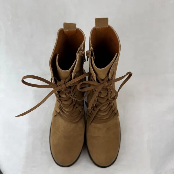 Oasis Society Tan Suede Lace Up Combat Boots Side Zip Lug Sole Block Heel Size 8 - Image 5