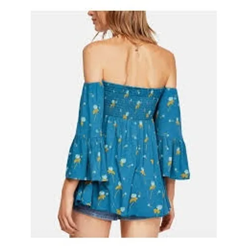 Free People Top Size S Blue Smocked Off-The-Shoulder Floral Bell Sleeve Boho‎ - Image 2
