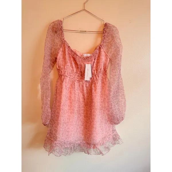 All in‎ Favor Mini Dress Women Medium Pink Pink Mauve Floral Sheer Puff Sleeve - Image 2