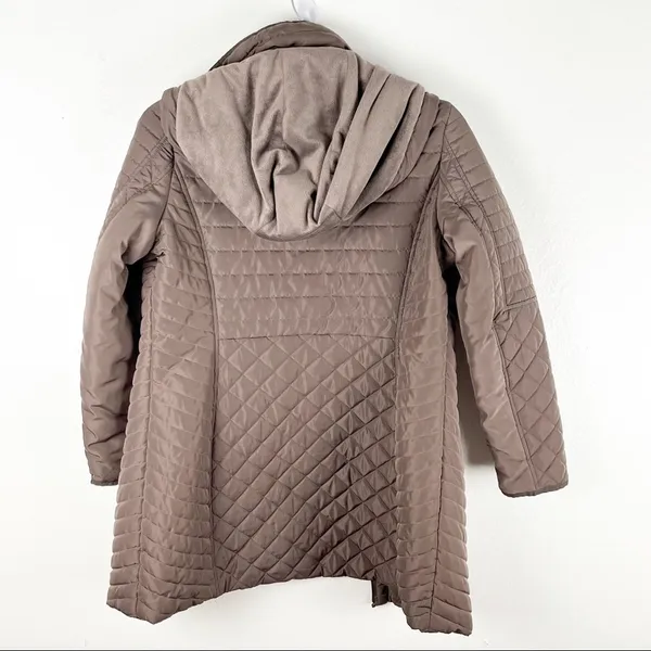 GALLERY Brown Quilted Puffer Faux Fur Zip Hoodie Zipper Lined Coat, Size. Medium - Image 2