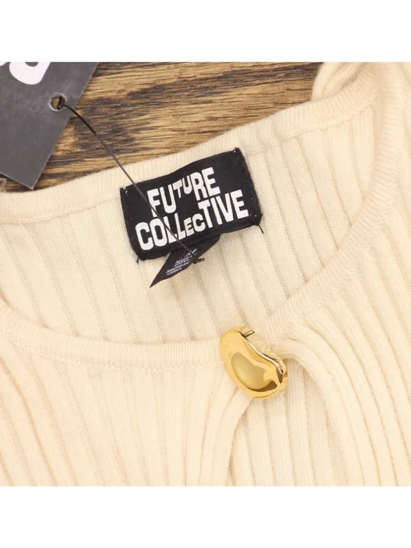 Future Collective Womens Ribbed Maxi Dress Long Sleeve Cream Off White M - Image 5