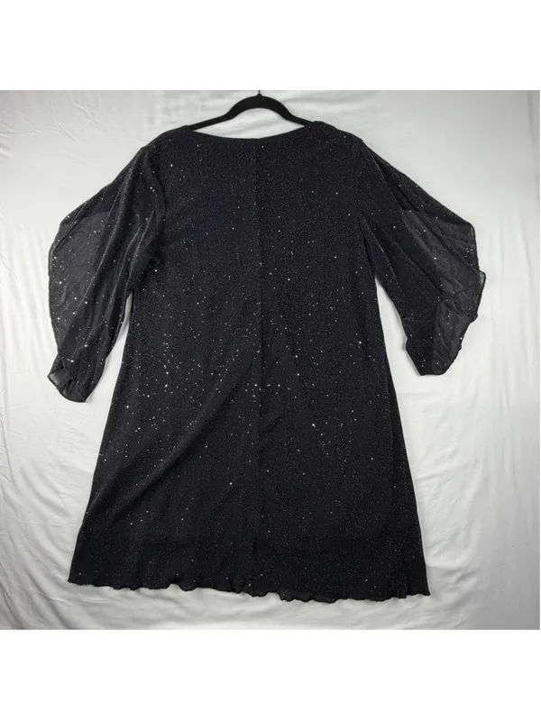 Black Metallic Sparkle V-Neck Dress Split Bell Sleeve Cocktail Party 0XL - Image 2