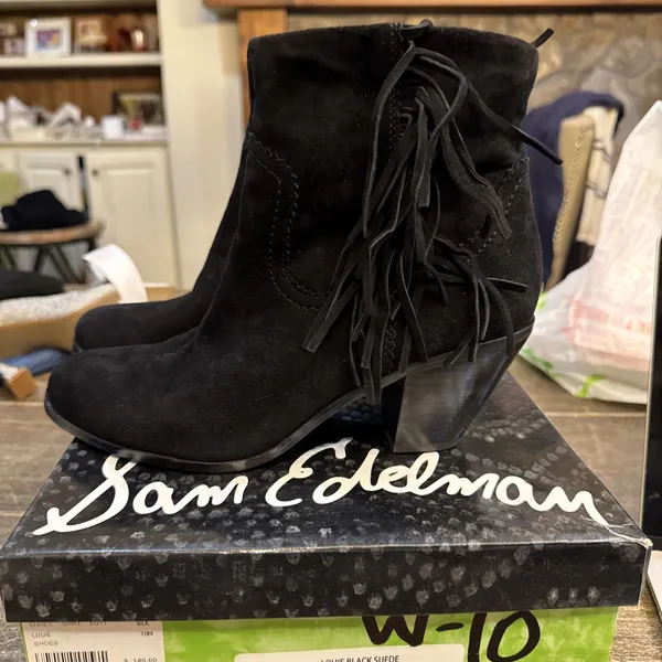 SAM‎ EDELMAN Louie Ankle Boot Black Suede Western Fringe, Zip, Women's Size 10 - Image 2