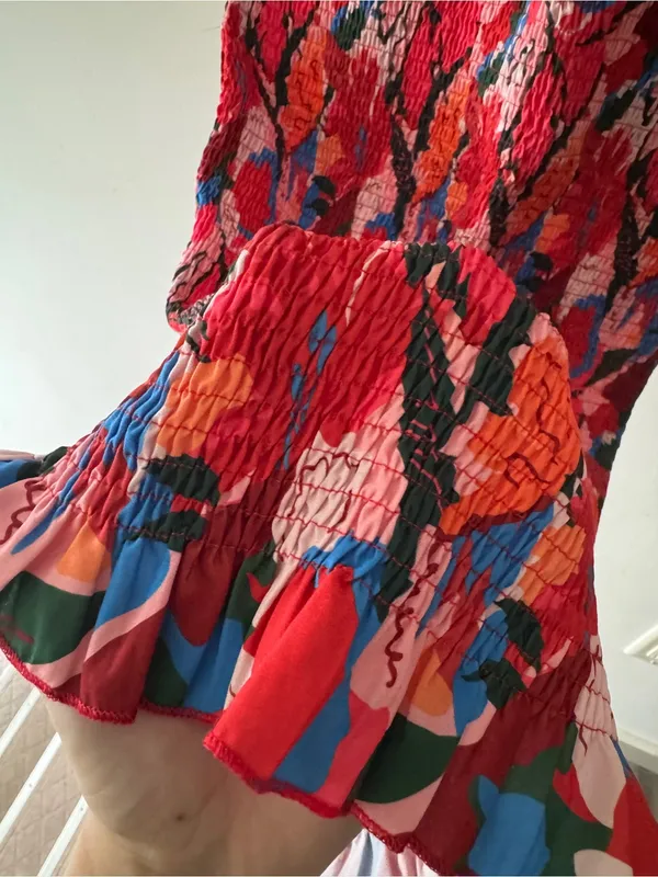 SNDYS Revolve Red Floral Smocked Midi Dress Bodycon Square Neck Ruffle - Image 6