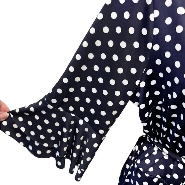 Venus Wide Leg Belted Jumpsuit Sz L Navy White Polka Dot Wrap Bust SS Cropped - Image 3