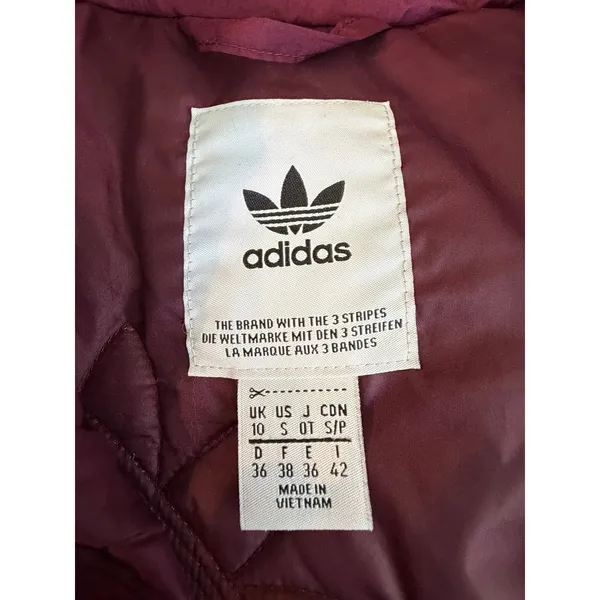 Adidas Originals Trefoil Embossed Burgundy Puffer Jacket Women’s Small - Image 3