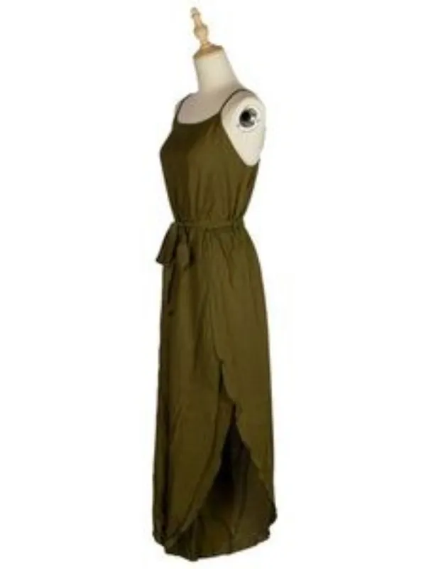 Olive Green High Slit Jumpsuit Spaghetti Strap Belted Wide Leg Boho Women M NWT - Image 6