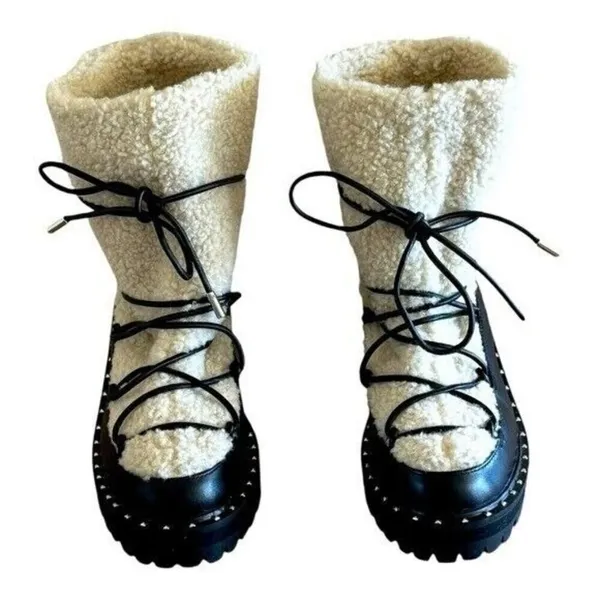 AQUA Fuzz Women’s Leather Lug Sole Sherpa Lace Up Winter Boot Black Size 6.5 - Image 6