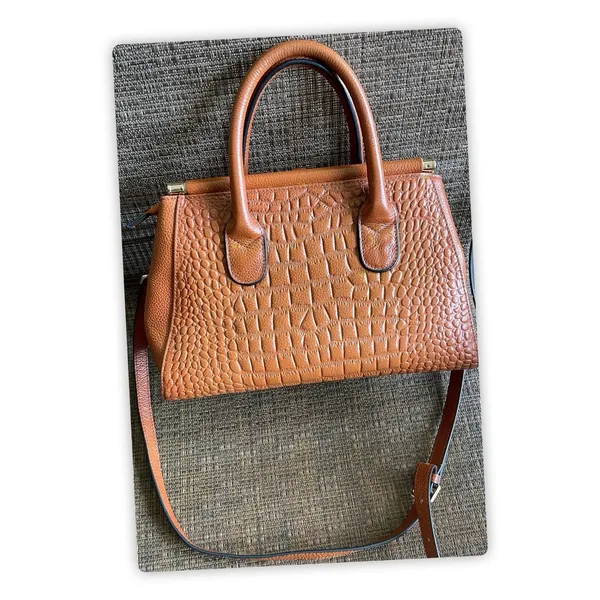 Brown Croc Embossed Satchel Handbag Crossbody Tote Purse Structured Bag - Image 2