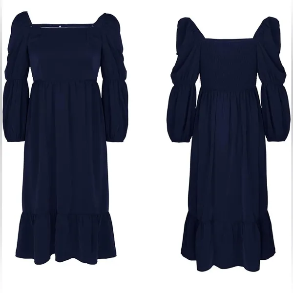 NEW Navy Blue Smocked Square Neck Puff Sleeve Ruffle Hem Dress Size XL - Image 4