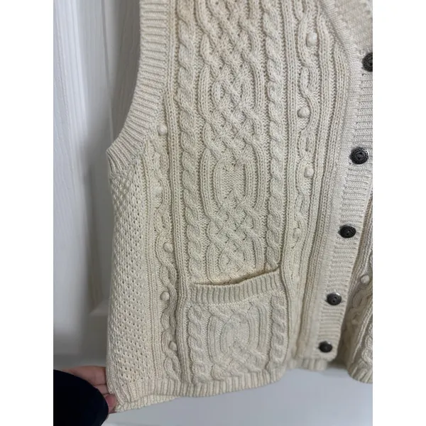 Karen Scott Vtg 90s Neutral Cable Knit Button Sweater Vest Fisherman Cottage Grandpa M Ramie - Image 5