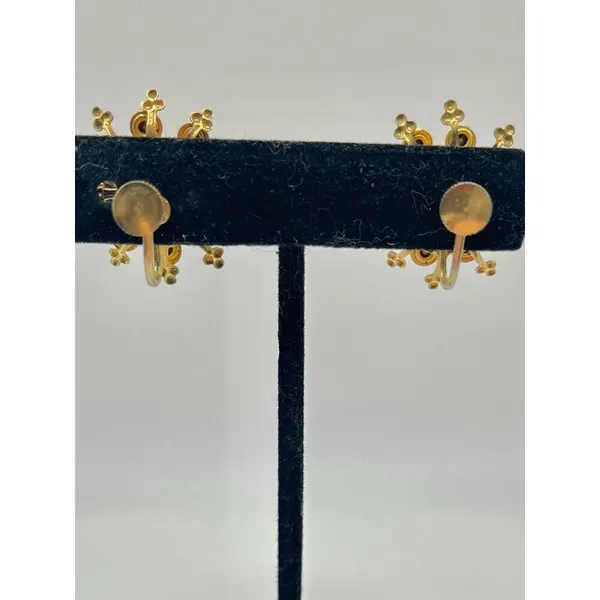 Vintage Gold Tone Cluster Starburst Statement Earrings Green‎ Stones Twist Backs - Image 6