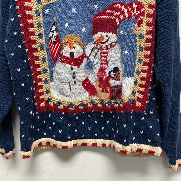 Tiara International Knit Ugly Christmas Sweater Snowman American Flag Medium - Image 4