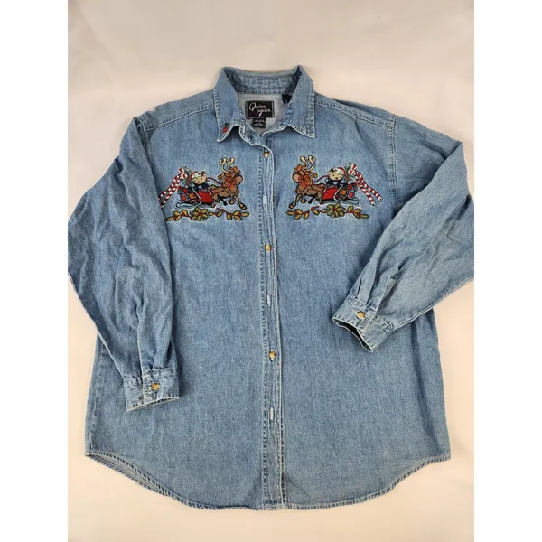 Vintage Embroidered Holiday SOFT Denim Shirt Reindeer Sleigh Bear Teacher Large - Image 2
