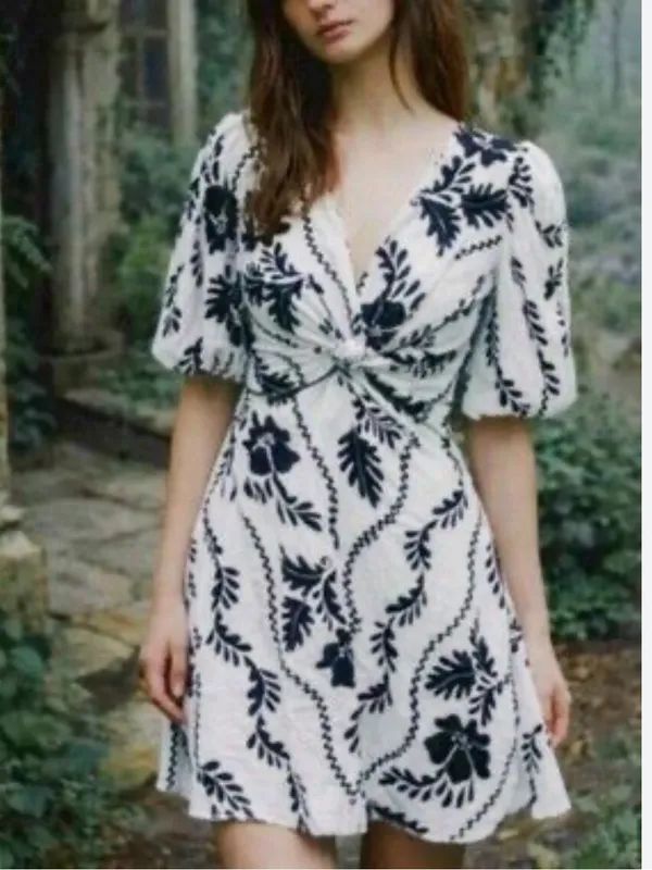White Floral Linen-Blend Puff Sleeve Dress - Image 2