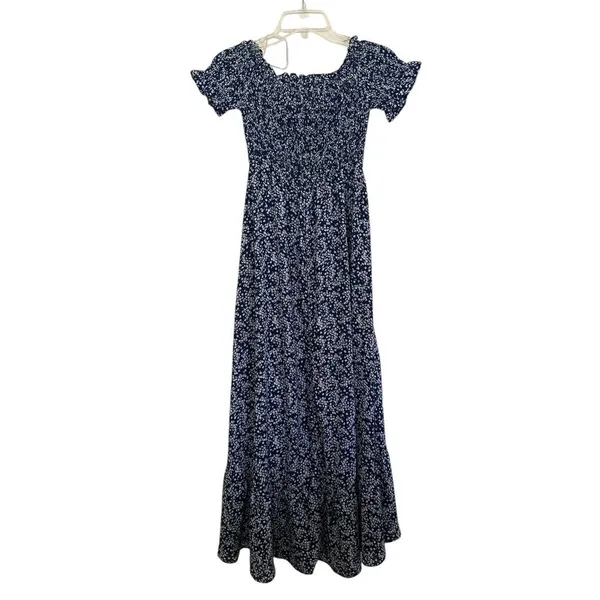 Lulus Blue White Floral Lightweight Flowy Womens Off Shoulder Maxi Dress Size Sm - Image 3