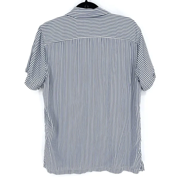 Abercrombie & Fitch Medium Viscose Navy Blue White Striped Camp Shirt EUC Office - Image 2