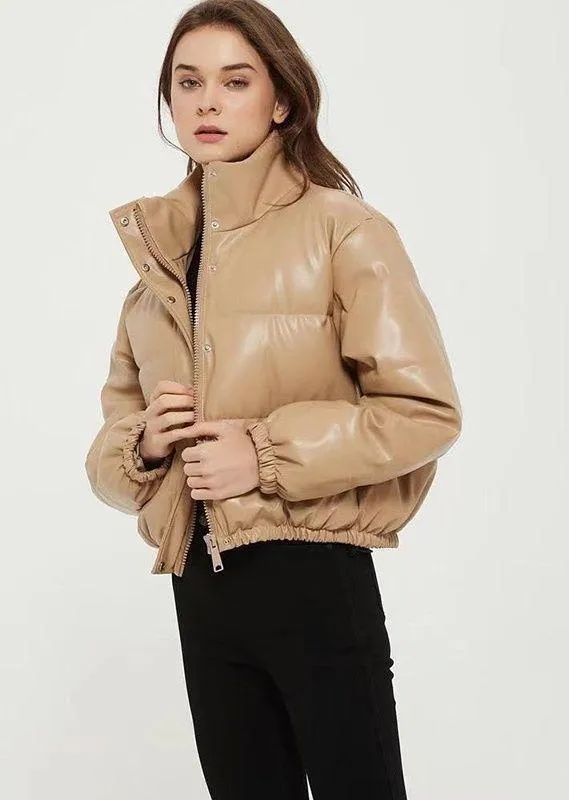 Small crop puffer beige Carmel warm winter coat jacket big Nwot Tan - Image 11