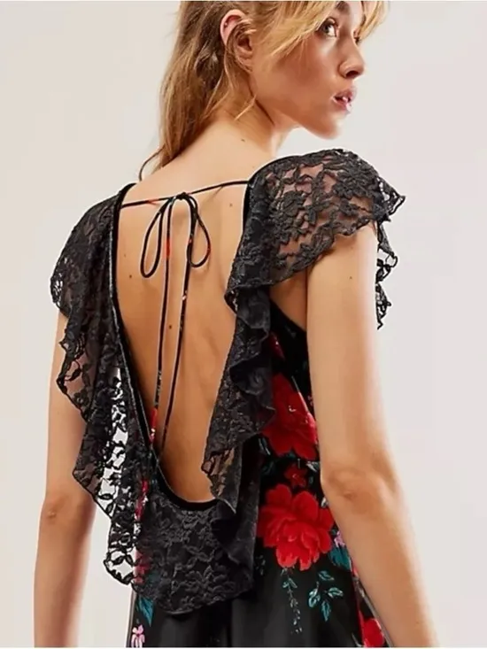 Free People Warm‎ Hearts Satin Midi Dress Size XS Lace Floral Dainty Romantic - Image 4