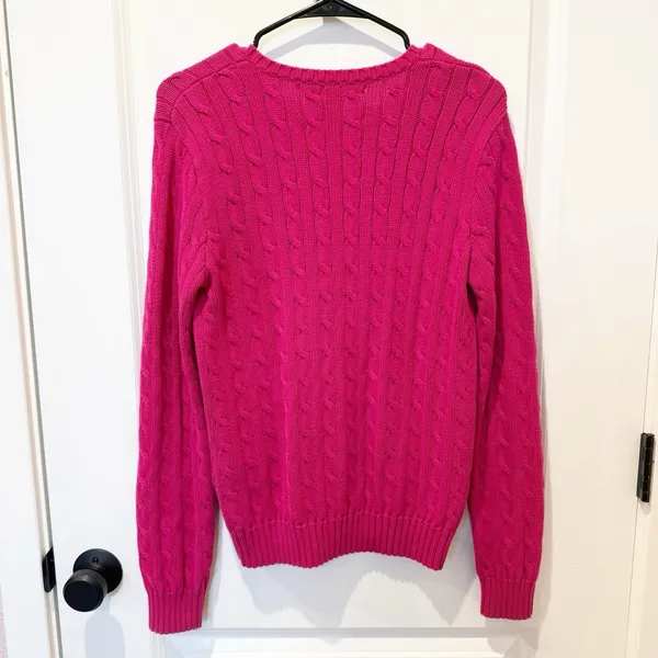 Ralph Lauren Sport Pink Cable Knit Sweater L Preppy Heritage Old Money V Neck - Image 4