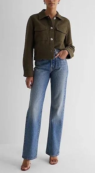 Express Tweed Novelty Button Cropped Shacket - Image 5