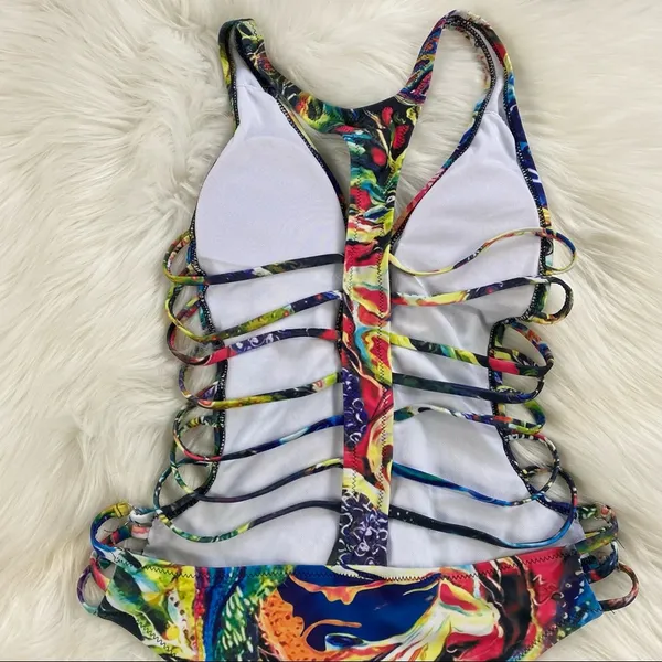 Abstract Plunging Strappy Cheeky Colorful Cutout Bathing Suit - Image 6