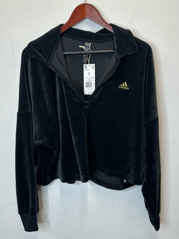 Adidas Women's Large Black Velour Half-Zip Hoodie with Gold Logo - Image 2