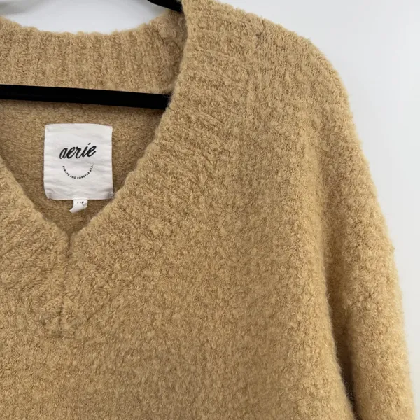 Aerie Teddy Boucle Sweater Womens L Tan Camel Fuzzy Oversized V Neck Wool Blend - Image 2