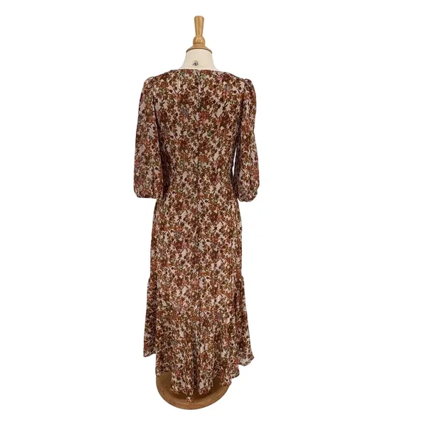 Taylor Floral High-Low Midi Dress‎ 8 Brown Gold Metallic Boho Puff Sleeve - Image 8