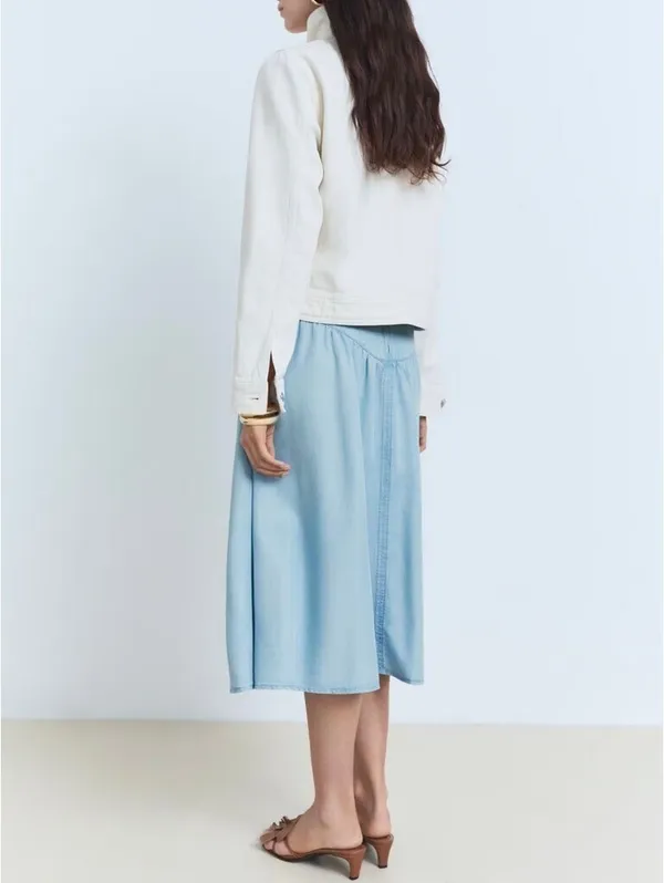 Mango Soft Denim Midi-Skirt with Gathered Detail NWT Haley Medium Blue XS - Image 4