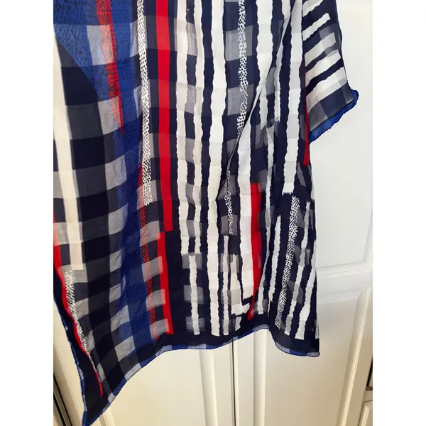 Valentina Scarf Red‎ White Navy Blue Geometric Stripe Check Sheer Lightweight - Image 3