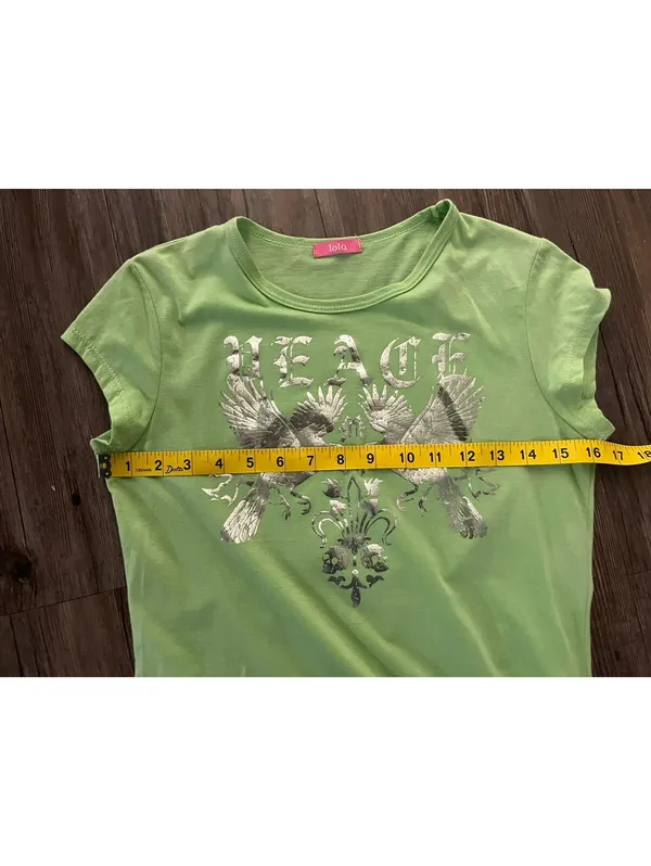 Y2K Lola V-Neck Green T-Shirt Slim Top Silver Graphic VTG L - Image 5