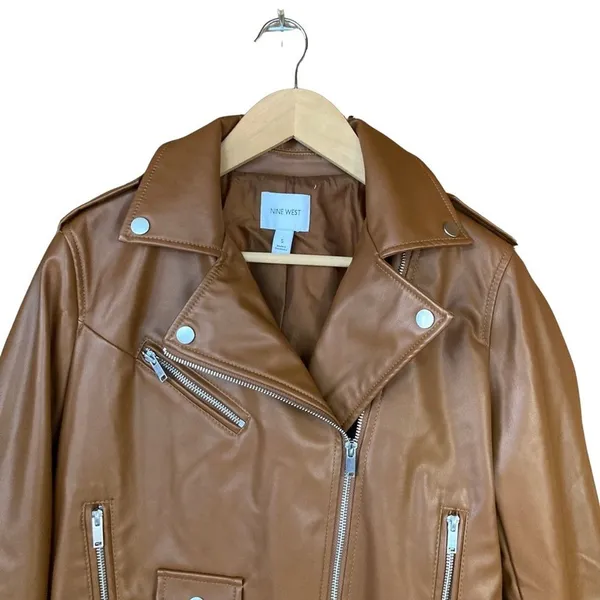 Nine West Womens Faux Leather Moto Jacket Cognac Brown Asymmetrical Zip Small - Image 2