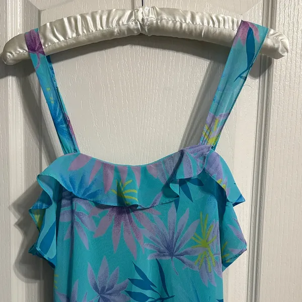 Vintage 90s Summer Floral Asymmetric Hem‎ Ruffle Midi Dress Y2K Resort Beach - Image 4