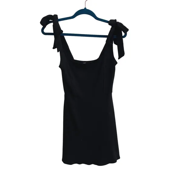 Reformation Jeans Liz Mini Dress Womens M Black Ribbed Tie Shoulder Straps - Image 3