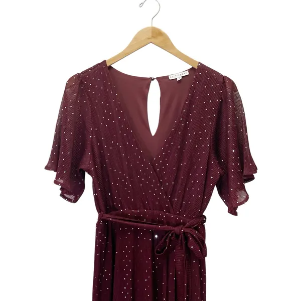Baltic Born Grace Sparkle Sequin Maxi Dress Mulberry Faux Wrap Slit Size Medium - Image 7
