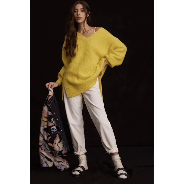 Anthropologie Pilcro Teddy Sweater V-Neck Relaxed Tunic Style Yellow Size Small - Image 3