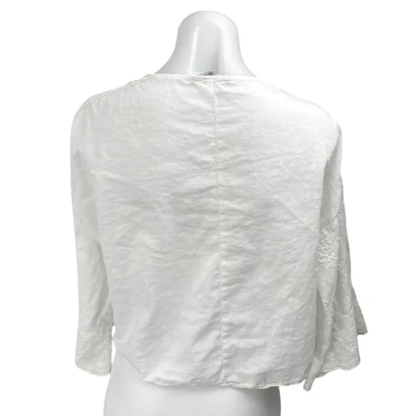 Zara White Floral Embroidered Eyelet Long Bell Sleeve Henley Shirt Blouse Top M - Image 2