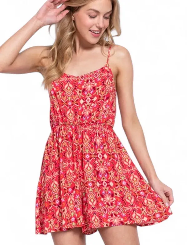 Active USA Romper Sz L Red Printed Spaghetti Adjustable Strap Elastic Waist - Image 2