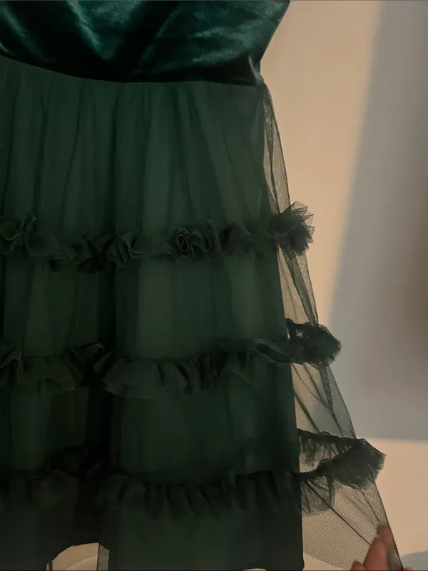 Girls Dark Green Velvet & Tulle Ruffle Party Dress - Image 4