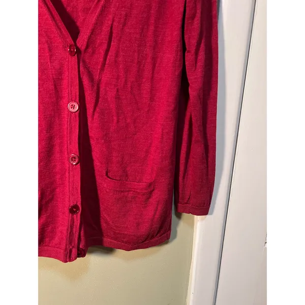 Talbots Women's Size Medium Cardigan Sweater V-Neck Pockets Deep Red Merino Wool - Image 5