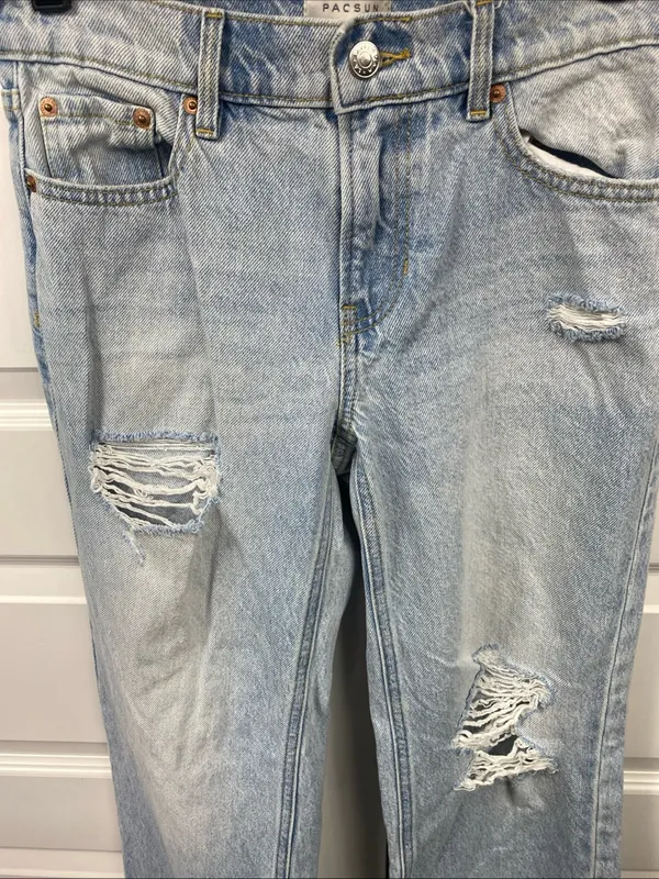 Pacsun Jordyn Low Rise Straight Jeans Blue Destroyed Light Wash 23 Baggy Cotton - Image 2
