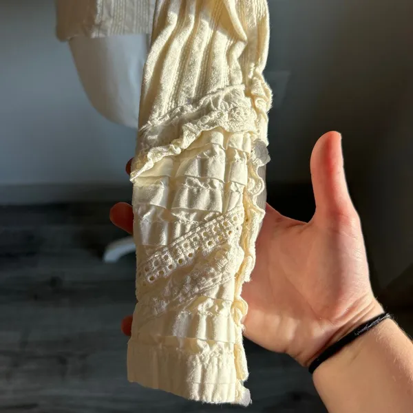 Free People Cottagecore Cream Ribbed Lacey Longsleeve Blouse Size Extra Small - Image 4
