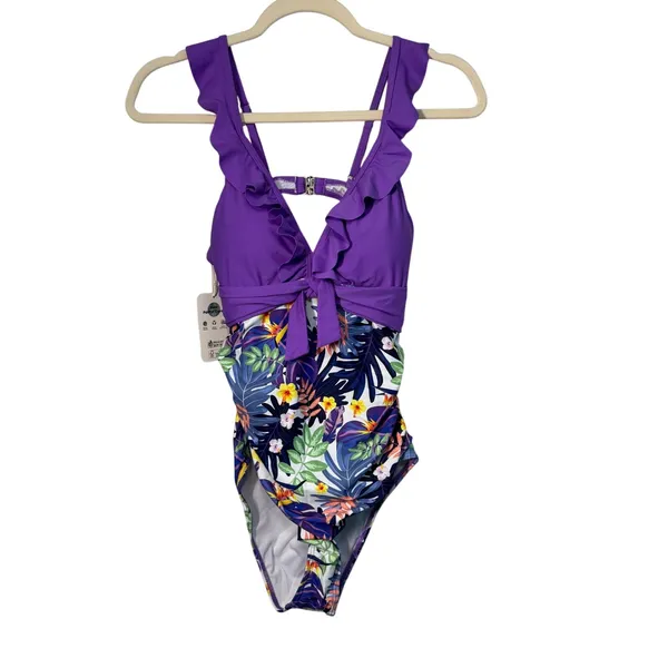 PatPat Women Purple Ruffle Tropical Floral‎ One Piece Swimsuit PS0005124 Medium - Image 7