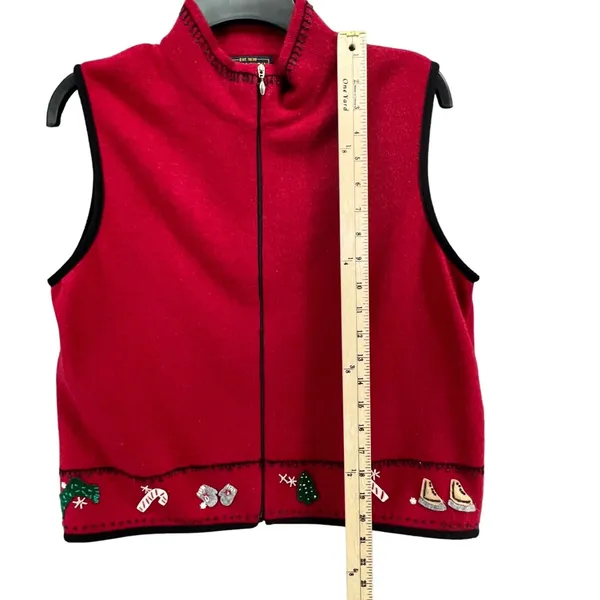 Woolrich Sweater Vest Womens Medium Red 100% Lambswool‎ Holiday Christmas Zip Up - Image 8