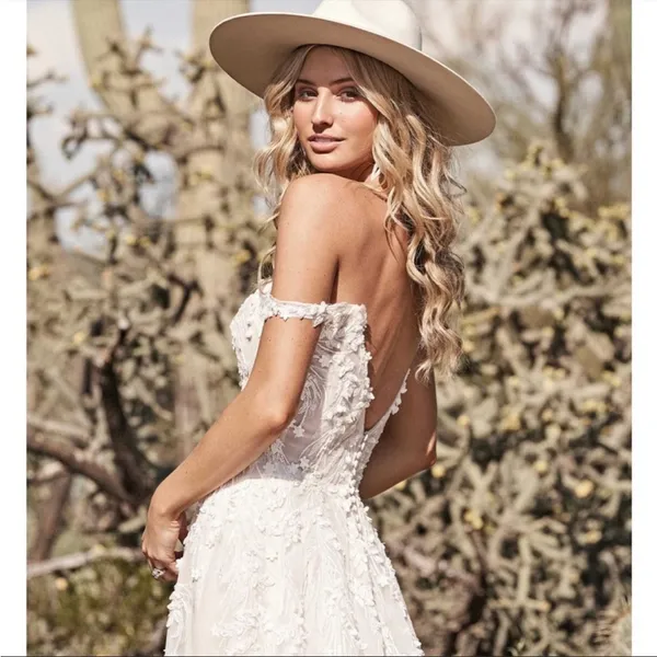 Lilian West Bohemian Off-The-Shoulder A-Line Wedding Gown with Lace Size 14 - Image 4